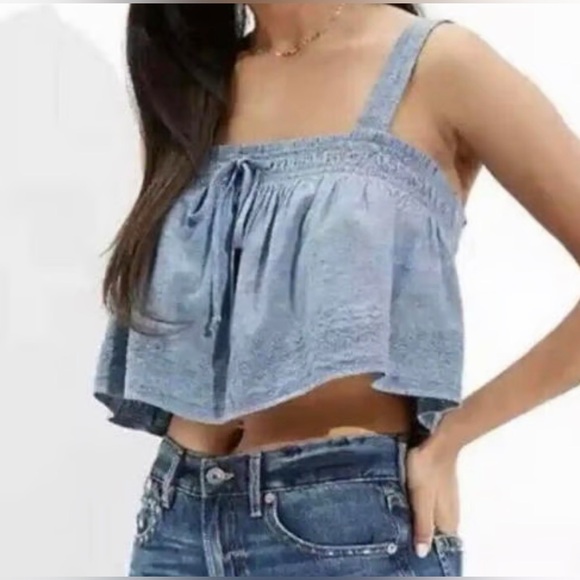 American Eagle Square Neck Blue Crop Top Embroidered size small boho babydoll - Picture 5 of 10